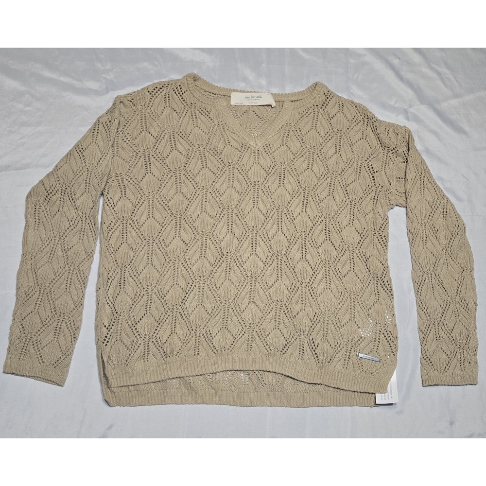 Peace Love World Boheme Collection Beige Pointelle Knit V-Neck Sweater Small NWT